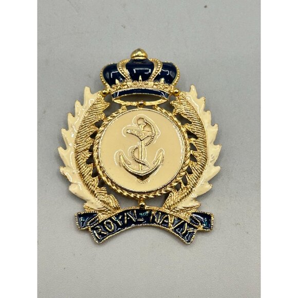 Vintage Royal Navy Enamel Pin Crown Brooch Badge Signed CRAFT Gold Tone 2.5" - Picture 2 of 8